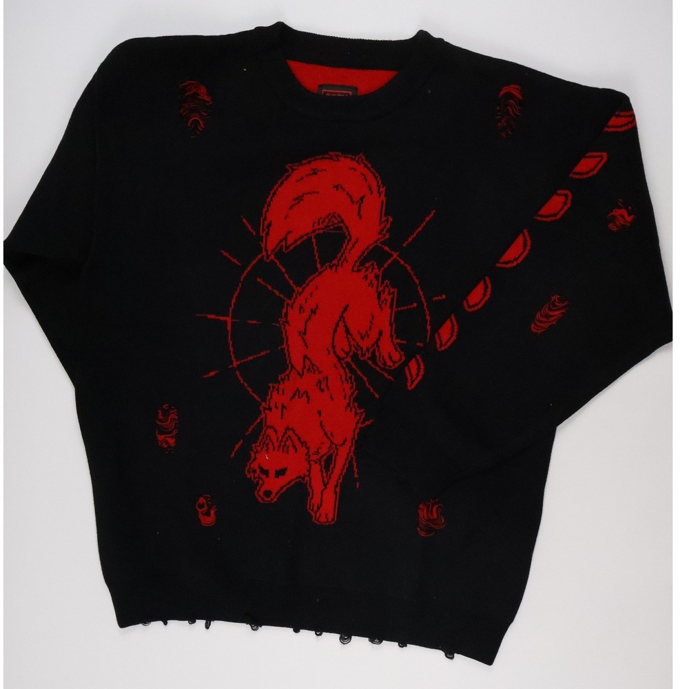 0Fox Shop Distressed Fox Graphic Sweater Black Red XL Streetwear Grunge